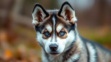 Cute husky puppy with striking blue eyes playing outdoors in the autumn foliage of a forest photo