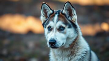 Beautiful husky dog with striking blue eyes in a natural forest background during late afternoon light photo