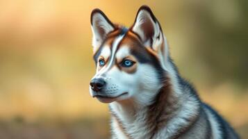 Siberian husky with striking blue eyes poses against a blurred natural background in the golden light of early evening photo