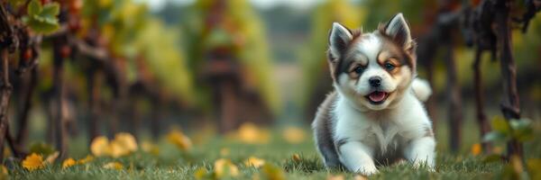 Cute puppy enjoying a sunny day among grapevines in a vineyard garden photo