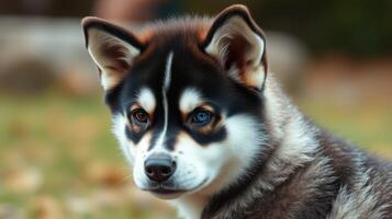 Rare fur pattern dog with striking blue and brown eyes enjoys a sunny day in the park among fallen leaves photo