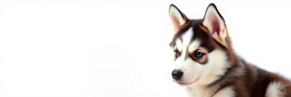 Cute husky puppy sitting on a white background looking curiously with its ears perked up and fur gleaming in soft light photo