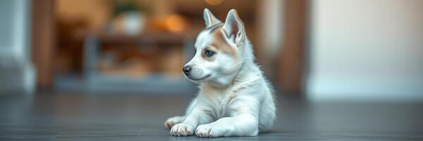 Cute puppy resting on a floor with soft lighting in a cozy indoor setting photo