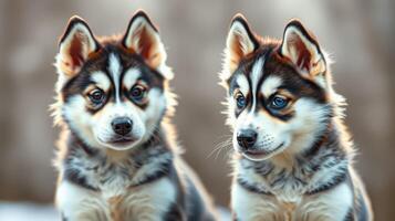 Two adorable husky puppies play together in a cozy setting, showcasing their playful personalities and vibrant fur patterns photo