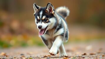 Energetic puppy runs joyfully through a park during autumn days, showcasing playful spirit and vibrant surroundings photo