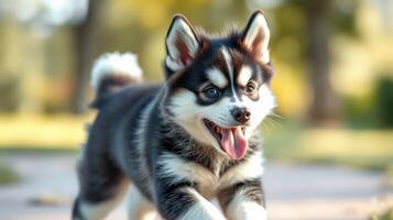 Playful puppy running joyfully in a sunny park setting on a warm afternoon photo