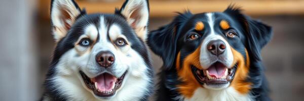 Two happy dogs sitting side by side, showcasing their adorable features and expressions in a relaxed indoor setting photo