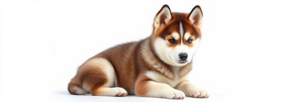 Cute fluffy puppy relaxing on a white background showcasing the beauty of a Siberian Husky breed photo