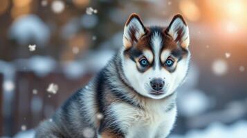 Siberian husky puppy plays in snowy landscape with soft evening light and falling snowflakes photo