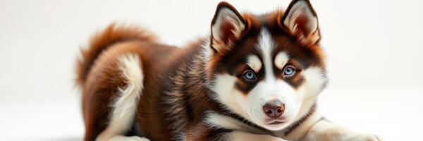 Beautiful brown and white husky puppy resting quietly on a soft surface, showcasing striking blue eyes and playful demeanor photo