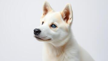 White dog with expressive blue eyes sits calmly against a neutral background in a studio setting photo