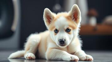 Playful corgi puppy lounging indoors with a curious expression and striking blue eyes during golden hour photo