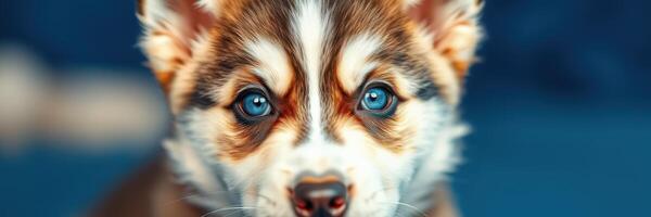 Curious puppy with striking blue eyes gazes intently in a cozy indoor setting during daylight hours photo
