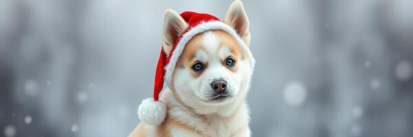 Cute dog wearing a red Christmas hat poses against a snowy background during winter festivities photo