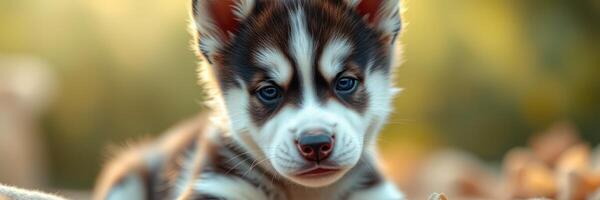 Husky puppy enjoying a sunny afternoon in a garden surrounded by colorful autumn leaves photo
