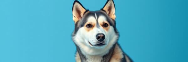 Portrait of a confident dog against a solid blue background capturing its expressive features and personality photo