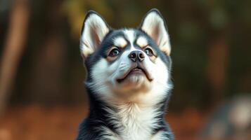 Dog stands proudly in a natural setting during golden hour lighting, showcasing its unique features and expression photo