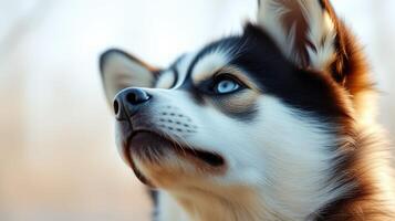 Beautiful husky dog gazes thoughtfully at sunset in a serene outdoor setting photo