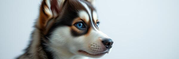 Small husky puppy with striking blue eyes resting against a plain background in soft lighting photo