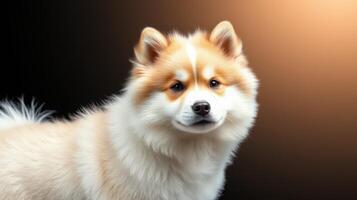 Samoid dog poses beautifully against a dark background in a well-lit studio setting, showcasing its fluffy fur and charming expression photo