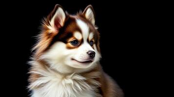 Fluffy dog sitting gracefully with a calm expression against a dark background photo
