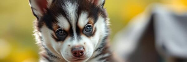 Cute husky puppy exploring a sunny garden with colorful flowers during the afternoon photo