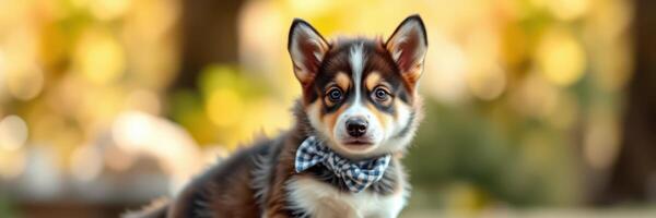 Adorable puppy wearing a bow tie seated outdoors with a blurred natural background capturing the essence of a sunny day photo