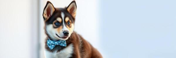 Cute puppy wearing a blue bow tie sits beside a window in a bright, modern room during daytime photo