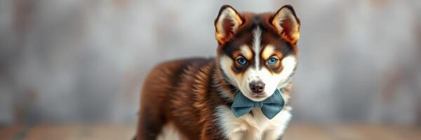 Brown and white puppy with bright blue eyes wearing a bow tie in a cozy indoor setting during daylight hours photo