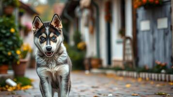 Playful husky standing in a quaint street during autumn with colorful leaves scattered around photo