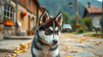 Siberian Husky puppy explores a quaint village in autumn on a sunny day photo