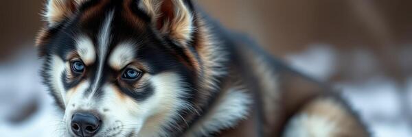 Beautiful husky puppy resting in a snowy landscape during a tranquil winter afternoon photo