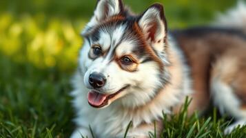Cute dog relaxing on green grass during sunny afternoon in the park with happy expression photo