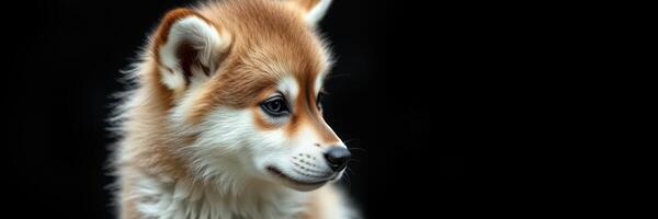 Cute fluffy puppy with light brown fur and dark markings looking to the side against a black background photo