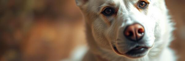 White dog with expressive eyes sits calmly in a warm environment during daylight photo