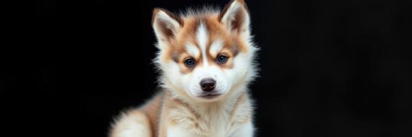 Adorable puppy with fluffy fur and distinct markings on a solid black background photo