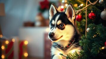 Husky puppy sits beside a beautifully decorated Christmas tree with lights and ornaments in a festive living room photo
