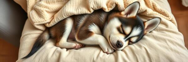 Adorable sleeping puppy curled up on a soft blanket in a cozy indoor setting during the afternoon photo