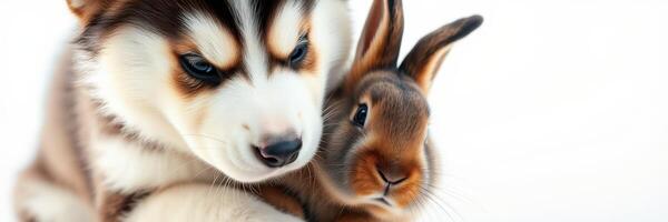 Cute puppy and rabbit cuddling together in a cozy indoor setting showcasing friendship and companionship photo