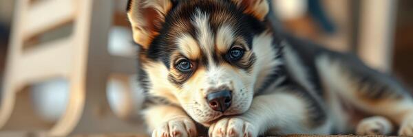 Cute puppy relaxes on a sunny day with its paws crossed, showcasing adorable features and captivating blue eyes photo