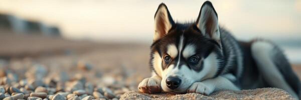 Beautiful husky dog resting on pebbled beach at sunset by the ocean, showcasing its striking features and serene expression photo