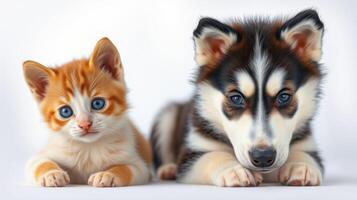 Cute kitten and puppy cuddling together on soft background in a playful and adorable moment photo