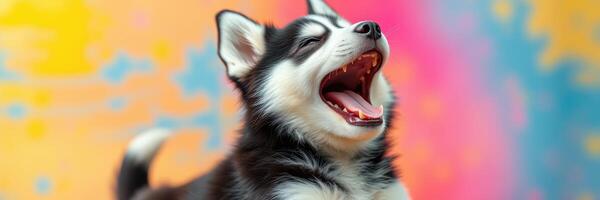 Happy husky puppy enjoying bright colorful background during sunny day at park photo