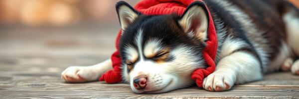 Cute husky puppy napping peacefully with a red hood in a cozy outdoor setting during the afternoon photo