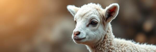 Young lamb stands gracefully against a blurred natural background during golden hour light photo