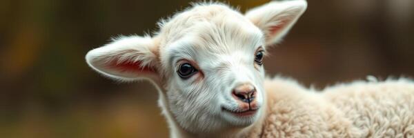 Cute lamb with fluffy wool stands in a grassy field during springtime photo