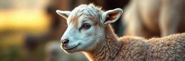 Curious lamb exploring a sunny pasture during golden hour photo