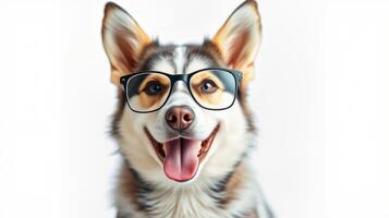 Happy dog wearing glasses poses for a playful portrait indoors in a brightly lit setting photo