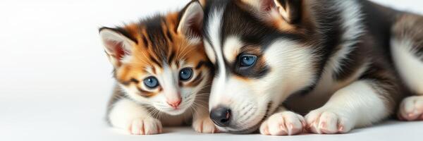 Cute kitten and puppy cuddling together on a soft surface at a cozy indoor setting photo