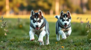 Two playful husky puppies run joyfully through a green field in the warmth of a sunny afternoon photo